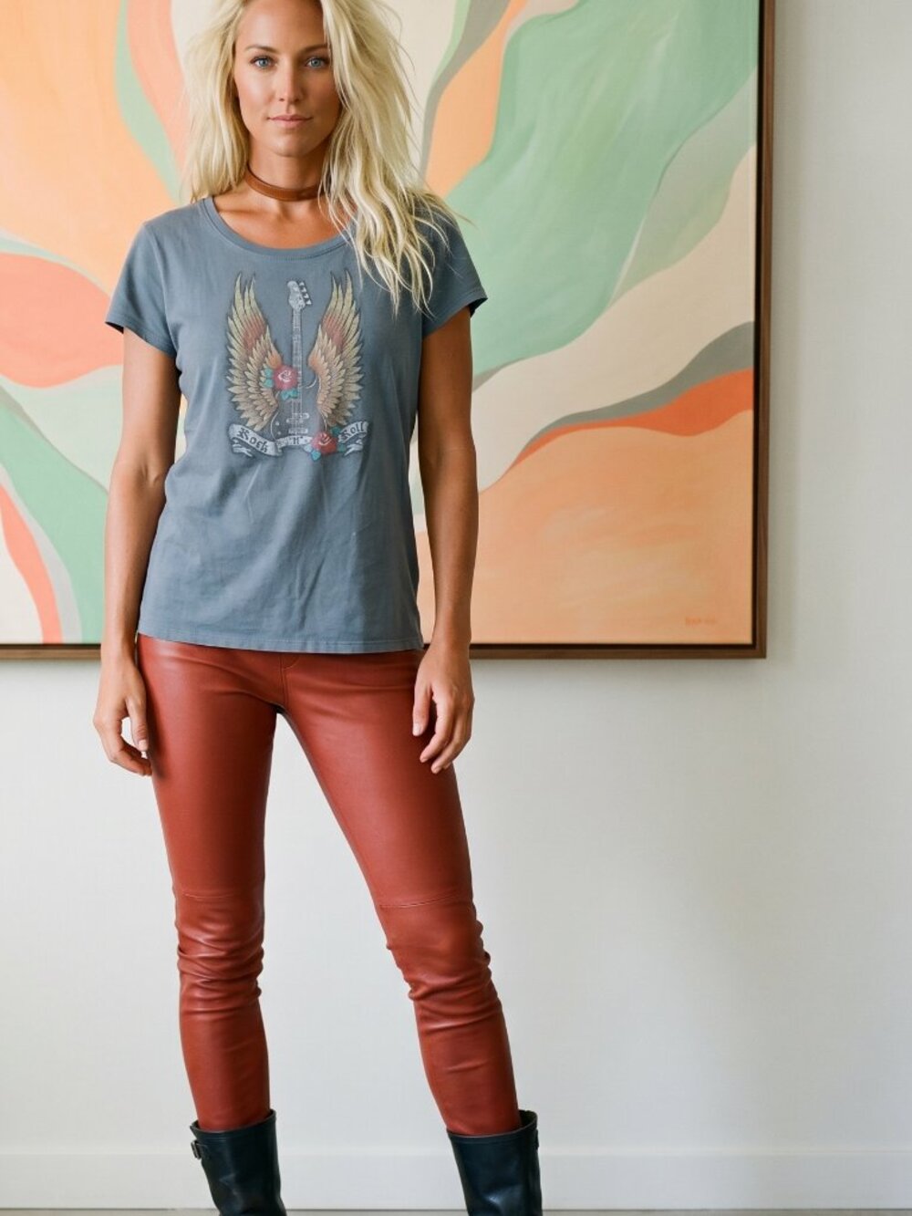 Vintage Maurices Jr's XL Guitar Rose Wings Graphic Brown Orange Yellow Blue Tee